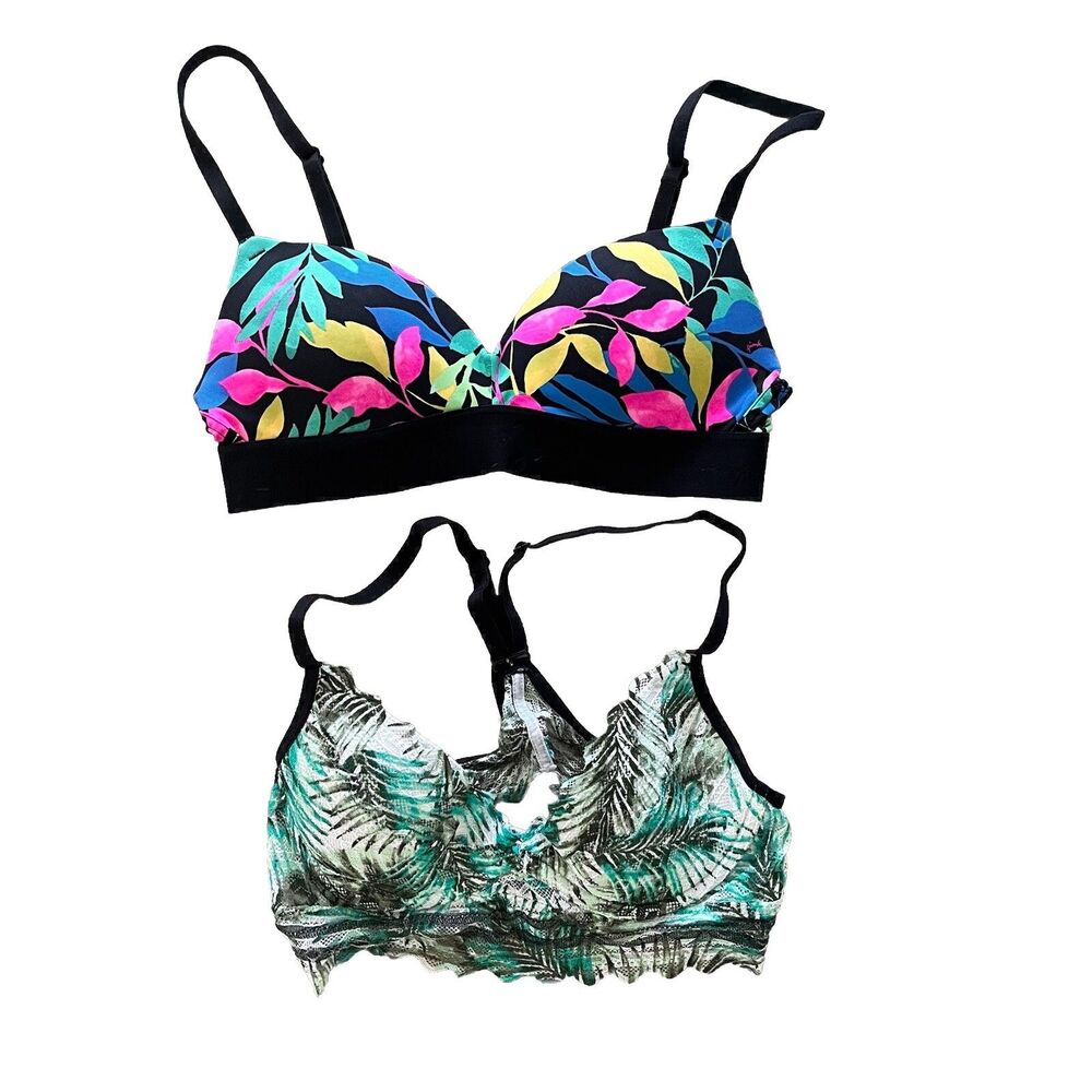 LOT of 2 Victorias Secret PINK Tropical Botanical Bra Pushup + Racerback XS 34A